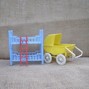 Vintage Plastic Doll House Bed & Baby Carriage